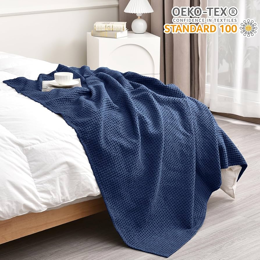 Blue waffle bed throw