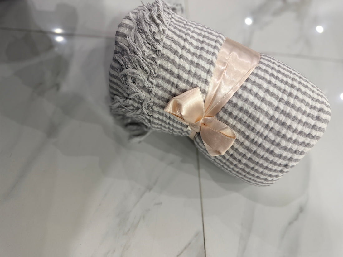 Grey striped muslin throw